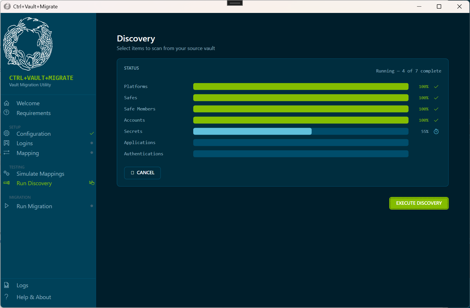 Ctrl+Vault+Migrate application screenshot during Discovery