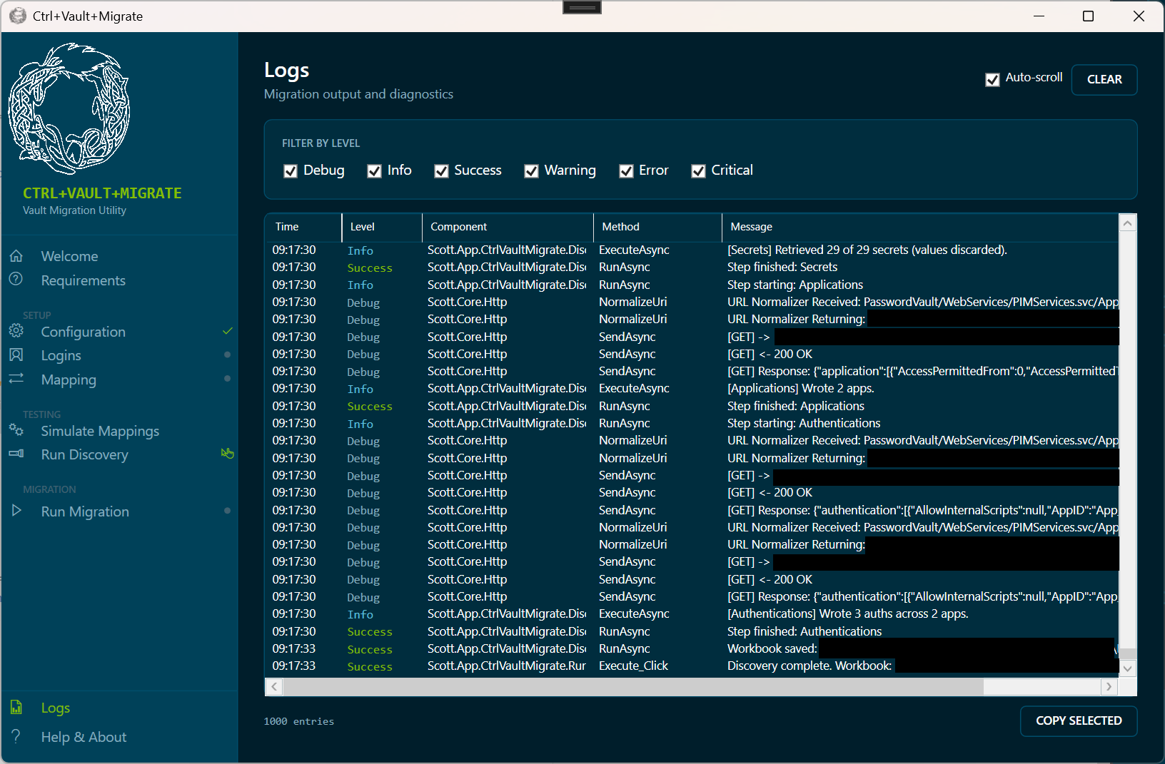 Ctrl+Vault+Migrate application screenshot showing Logs