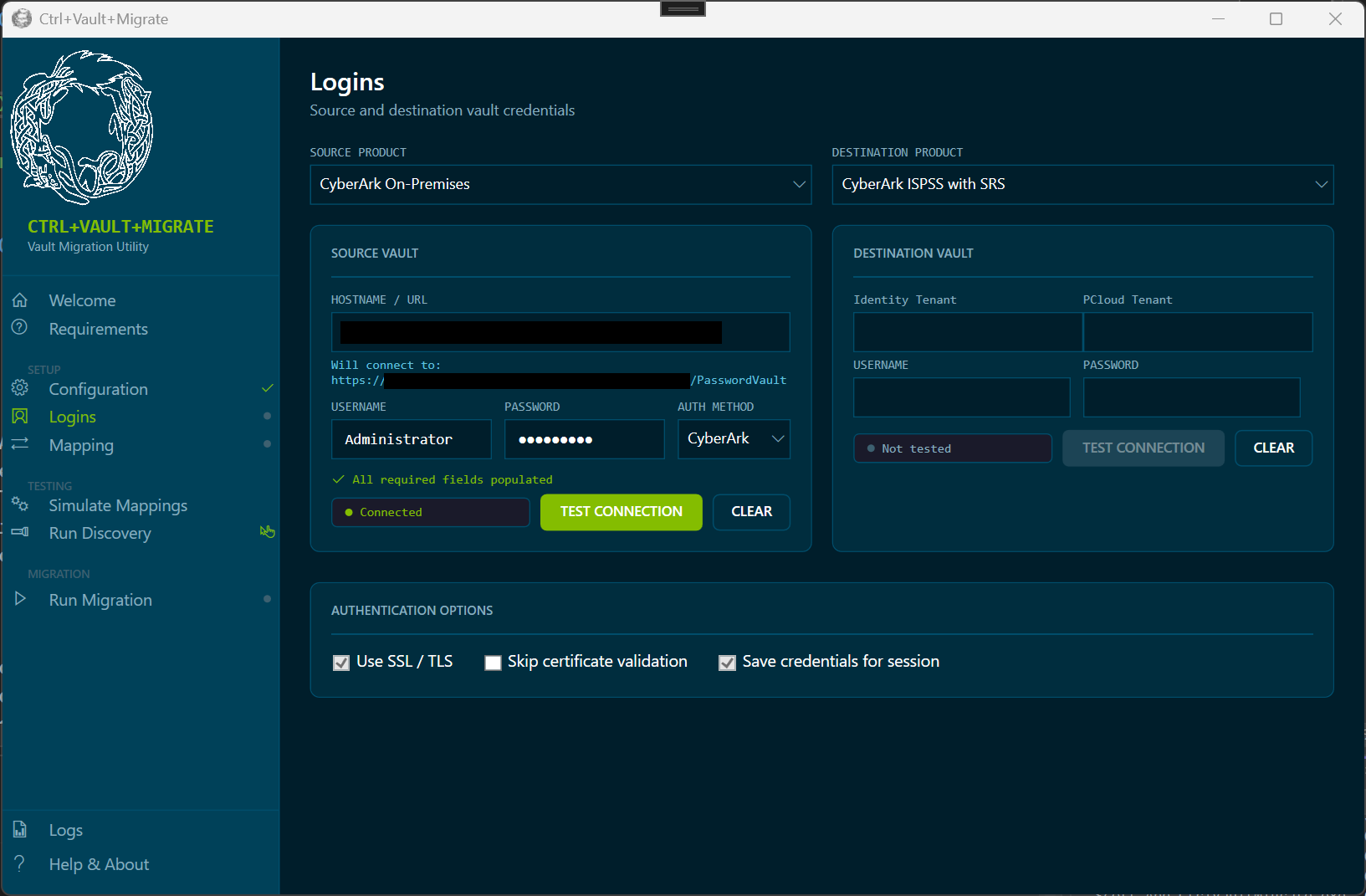 Ctrl+Vault+Migrate application screenshot showing Login validation
